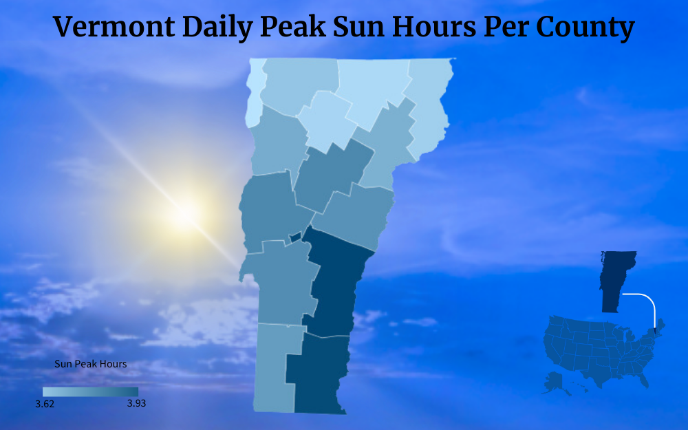 Color-coded map of Vermont showing peak sun hours per county.