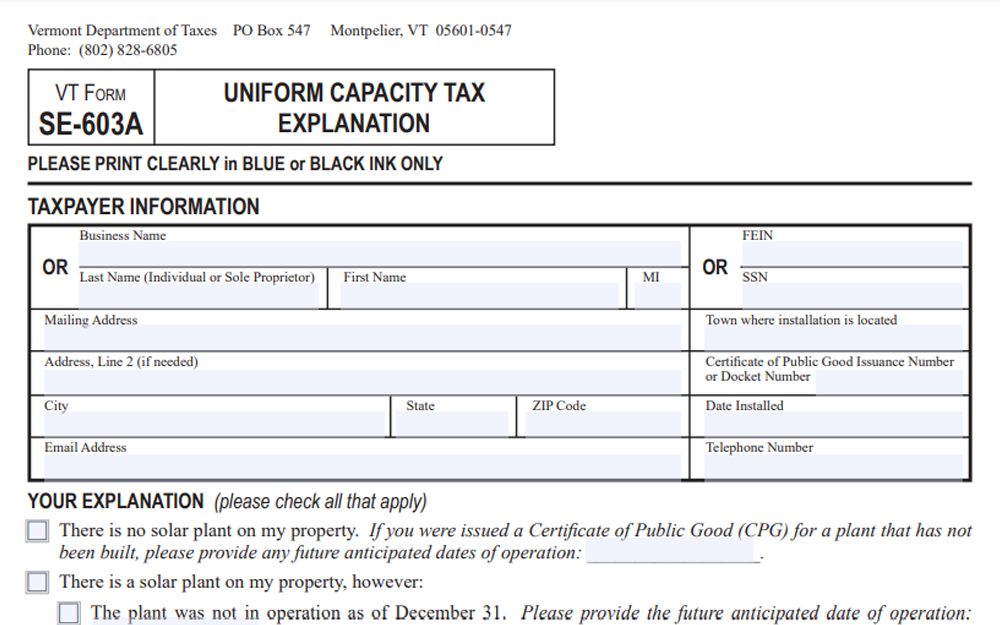 Screenshot of a PDF file containing Form SE-603A or the Uniform Capacity Tax Explanation for solar property tax exemption in Vermont.